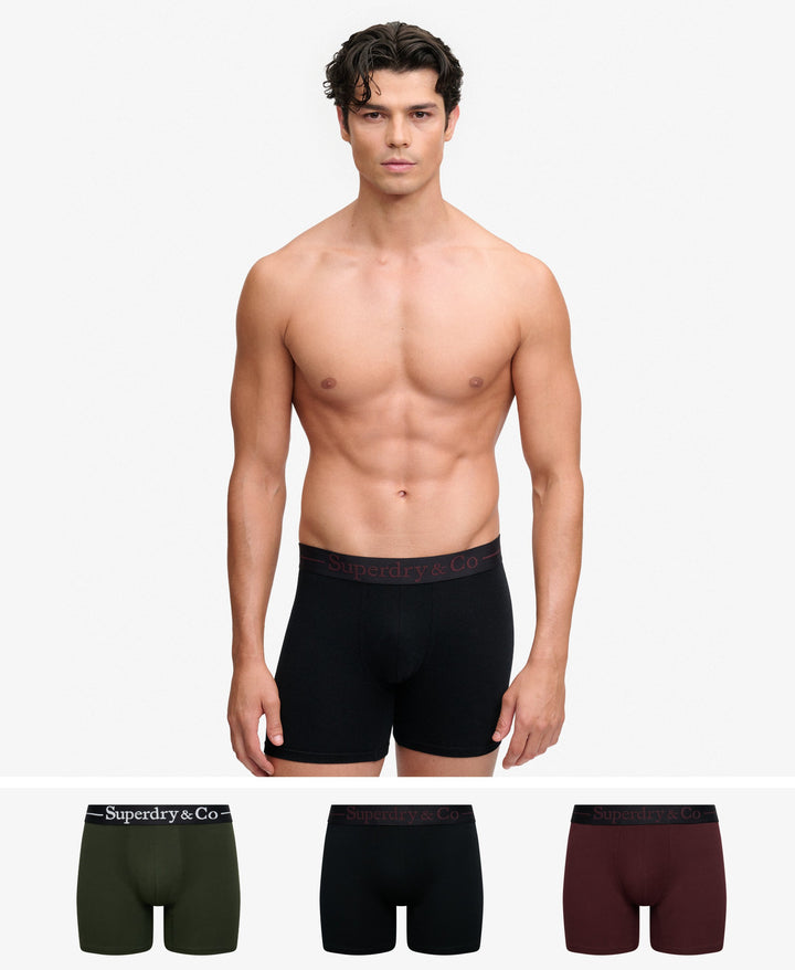 Men's boxer briefs triple pack with black, olive green, and burgundy colors