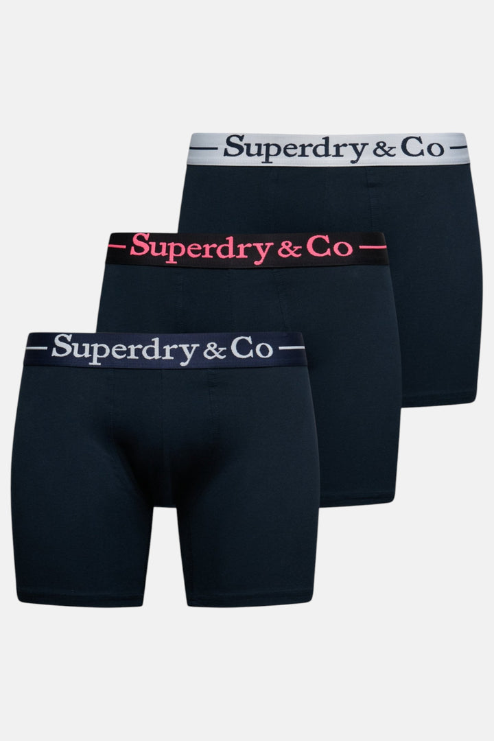 Men's navy boxer shorts triple pack, logo elastic waistband, 3 pairs shown