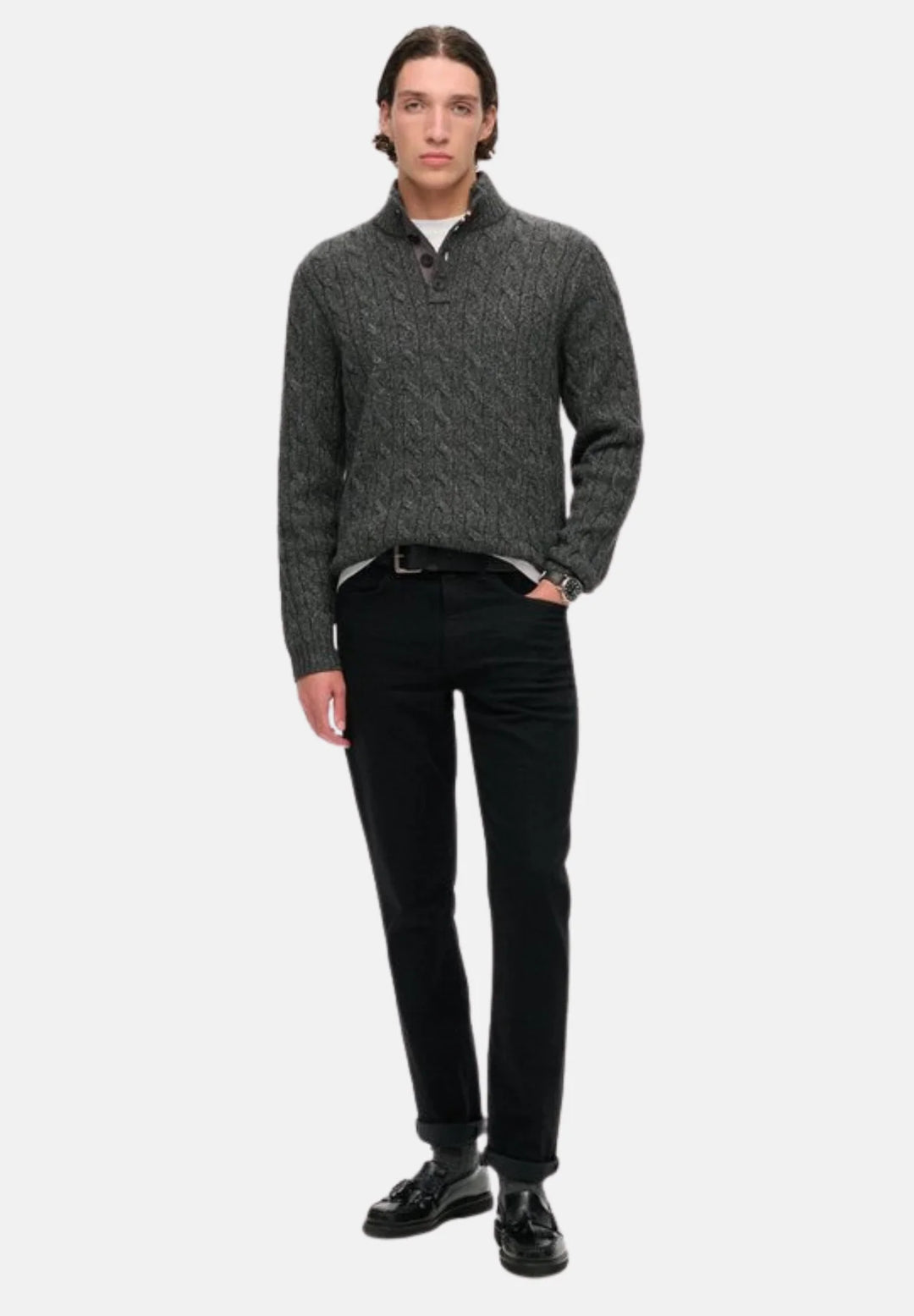 Superdry Cable Button Neck Jumper | Washed Black