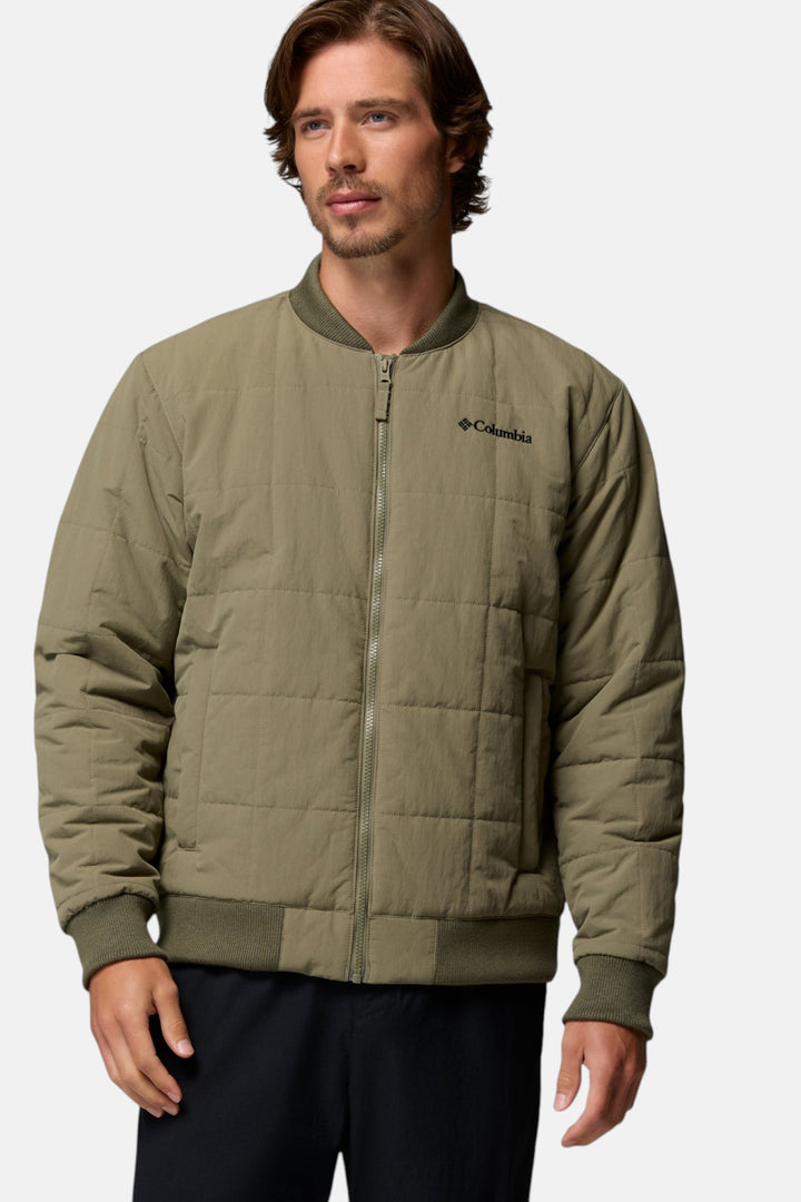 Men's stone green bomber jacket with full zipper, quilted front panels, and Columbia logo