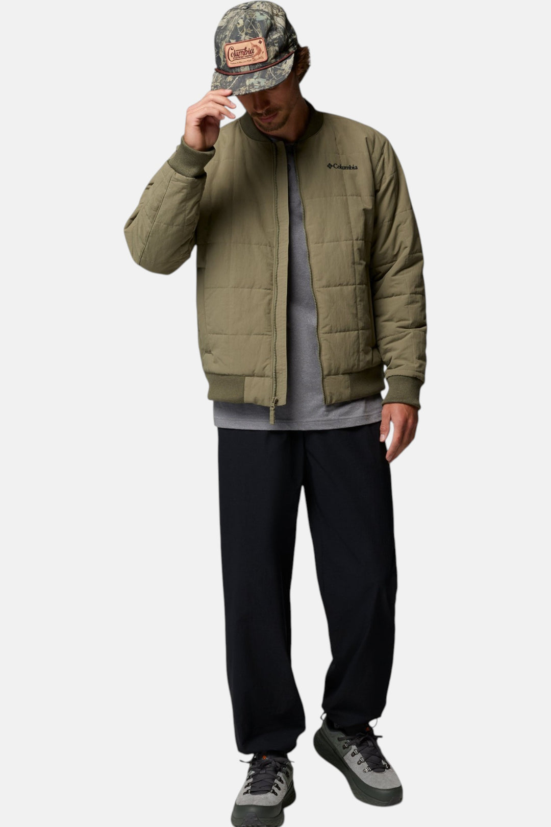 Men's stone green bomber jacket with zip front, quilted design, and Columbia logo on chest
