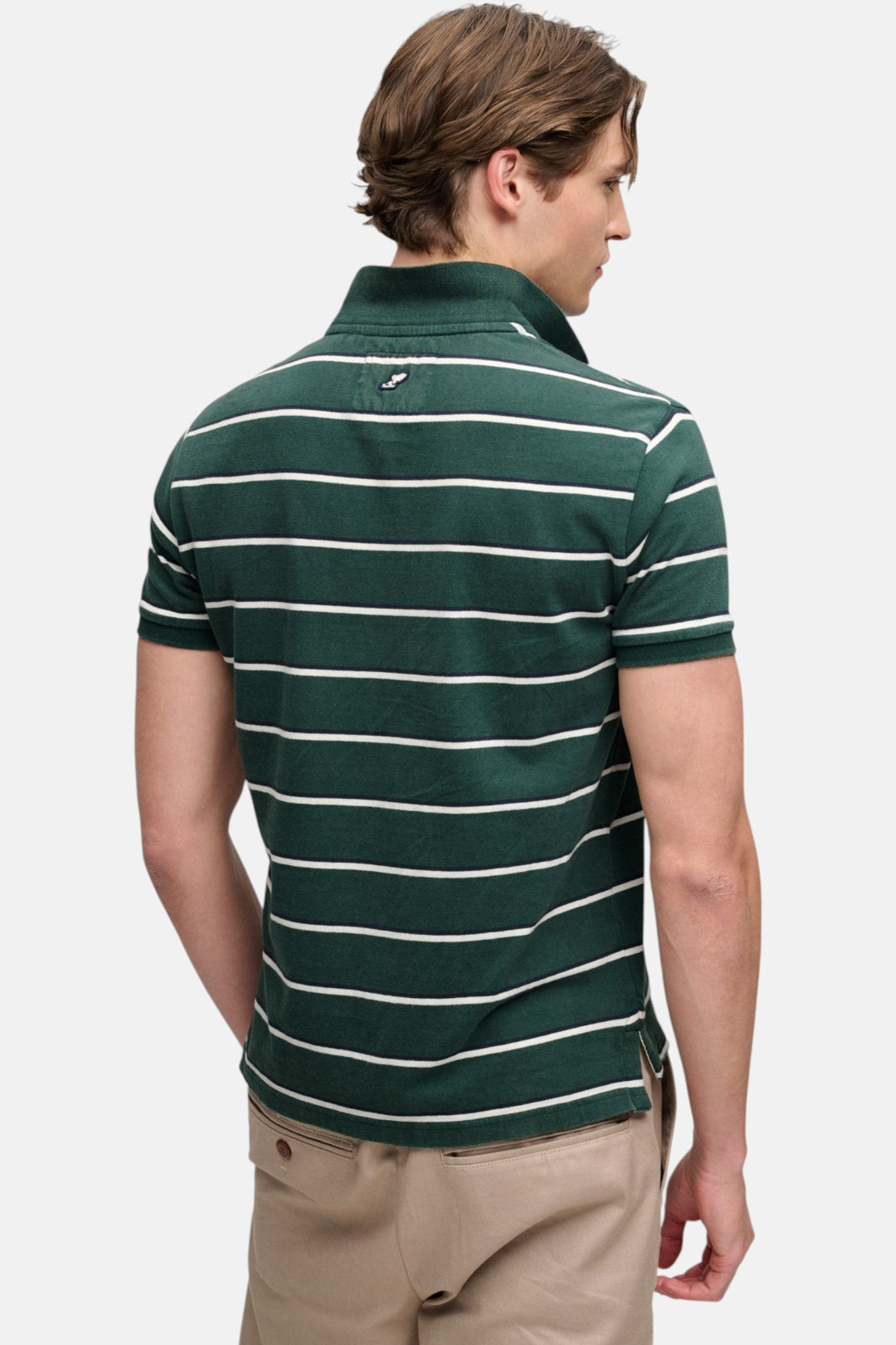 Green striped jersey polo shirt, back view with turn-back collar