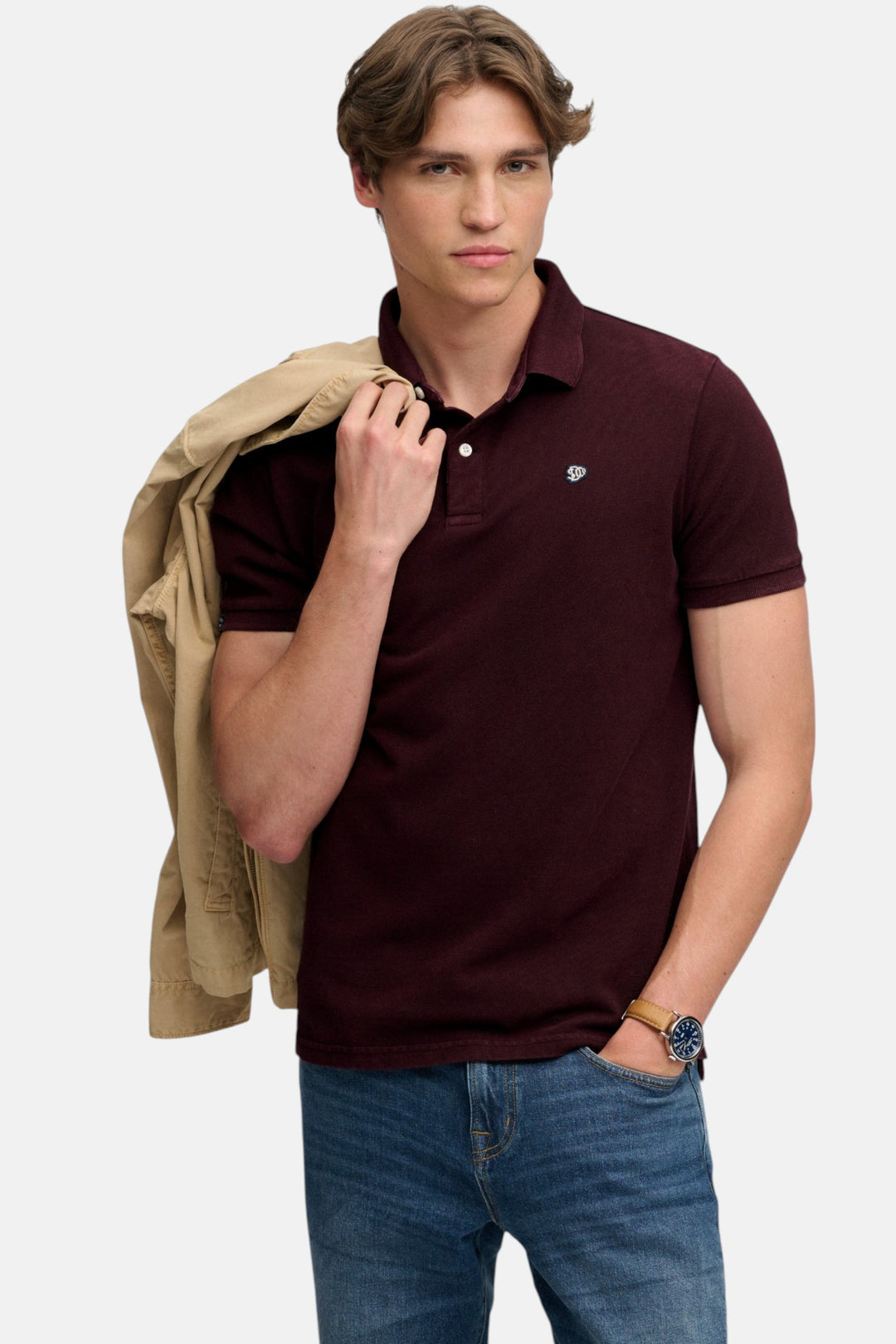 Superdry maroon polo shirt with button collar and small chest logo