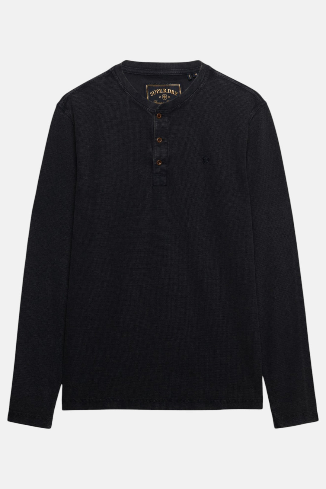 Dark blue waffle long-sleeve henley top with button placket and crew neck