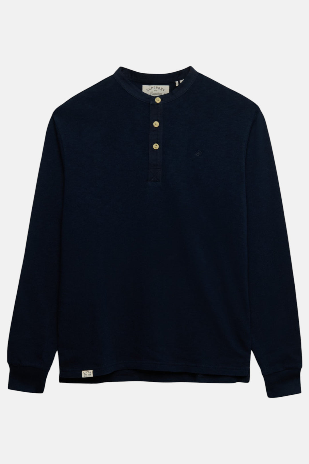 Men's deep navy grandad placket top with button placket and long sleeves