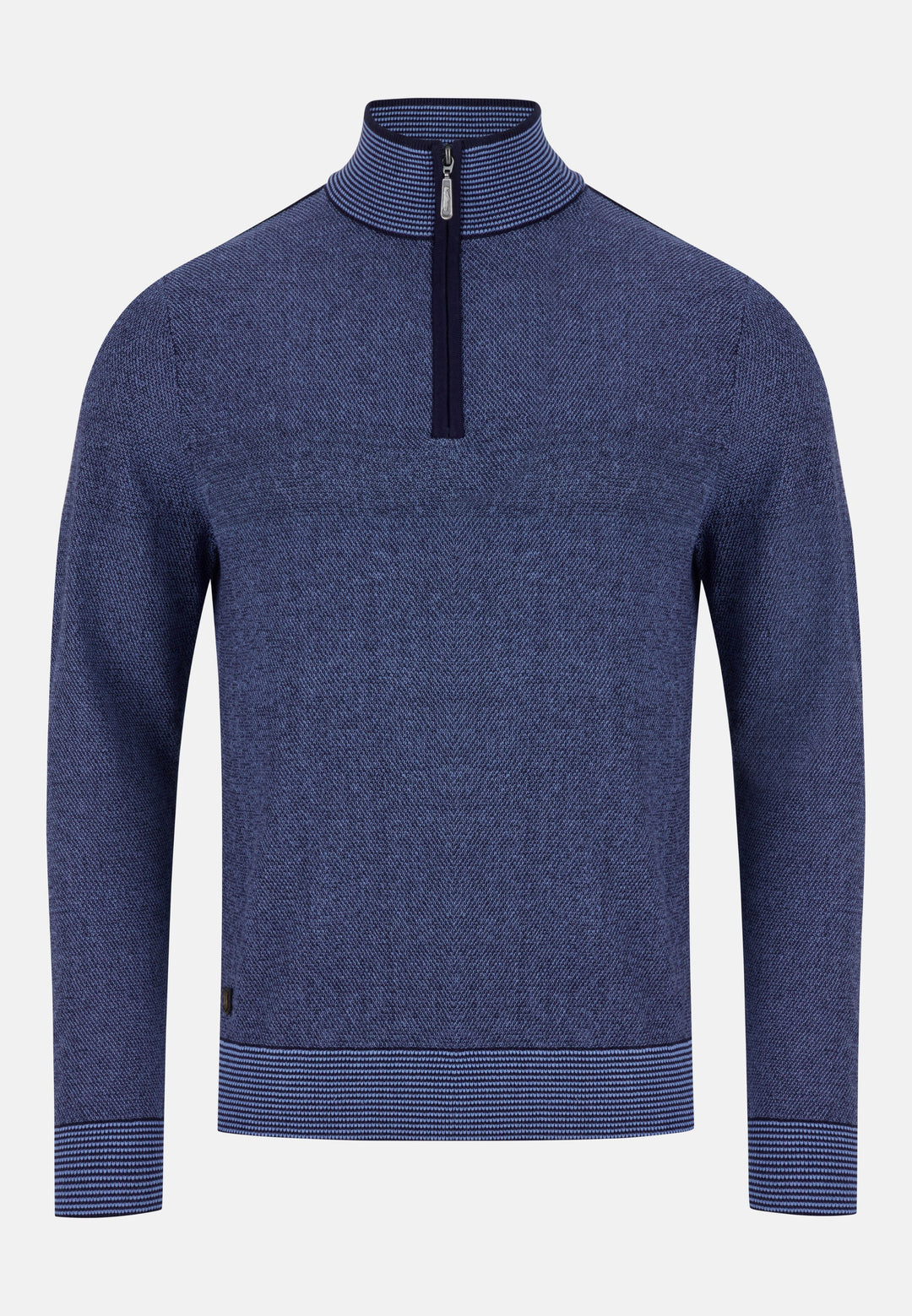 A 6th Sense Men's blue-and-navy-mix knitted cotton jumper with navy trim detail and striped detail on collar, cuffs, and hem.